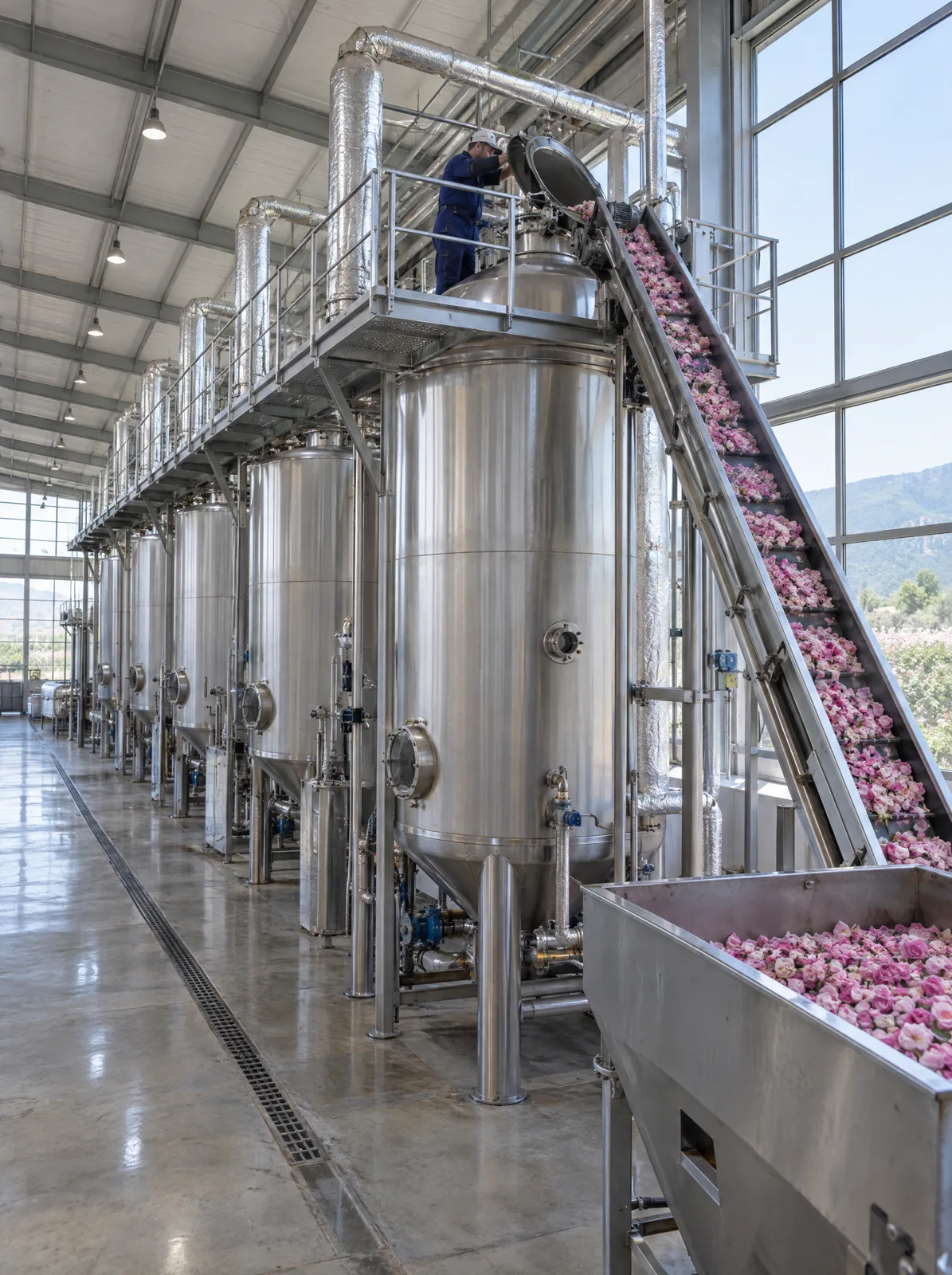 Industrial rose distillery with large stainless steel stills and a conveyor of fresh petals
