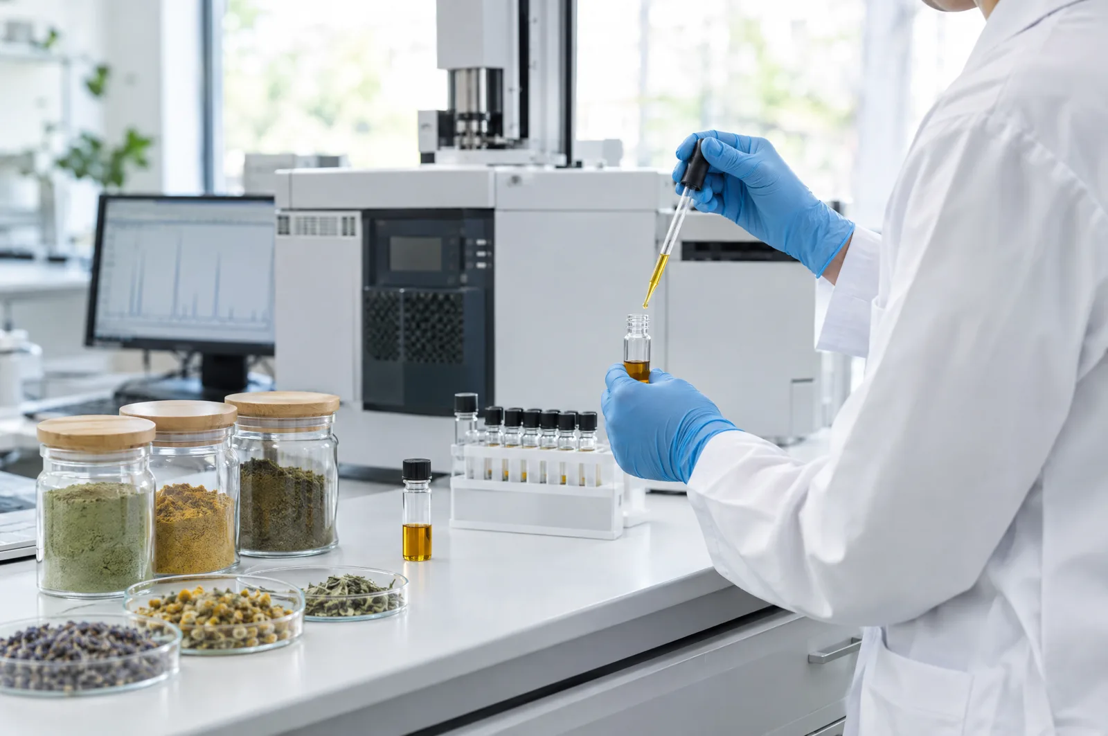 Lab technician testing an essential oil sample next to a gas chromatograph