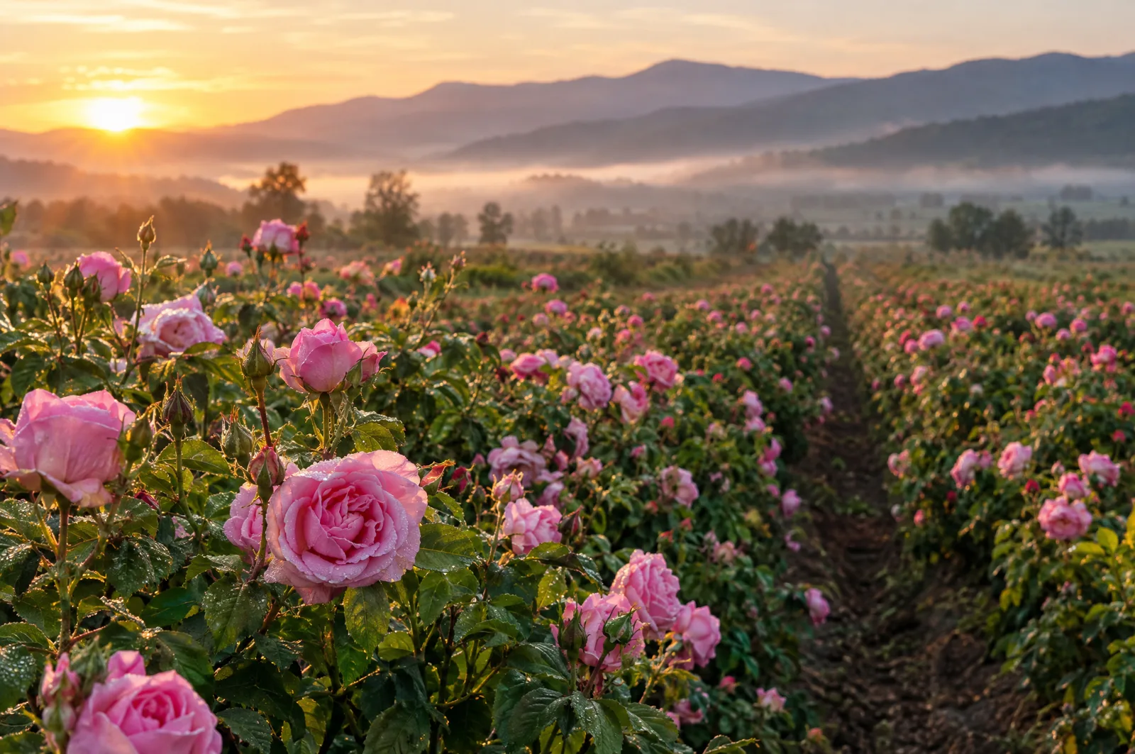 Damask rose field in bloom at sunrise
