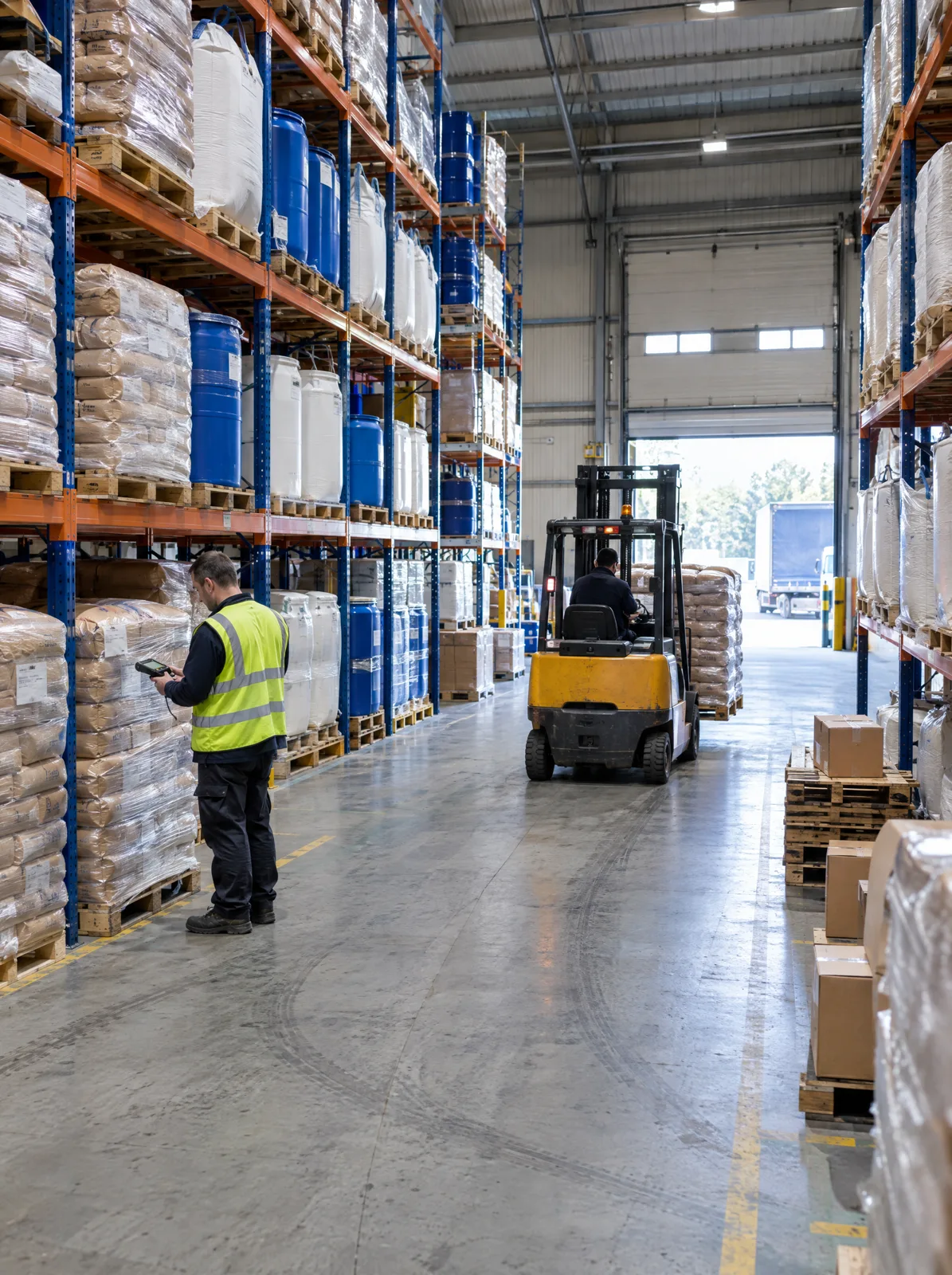 Working warehouse with pallet racks of sacks and drums and a forklift